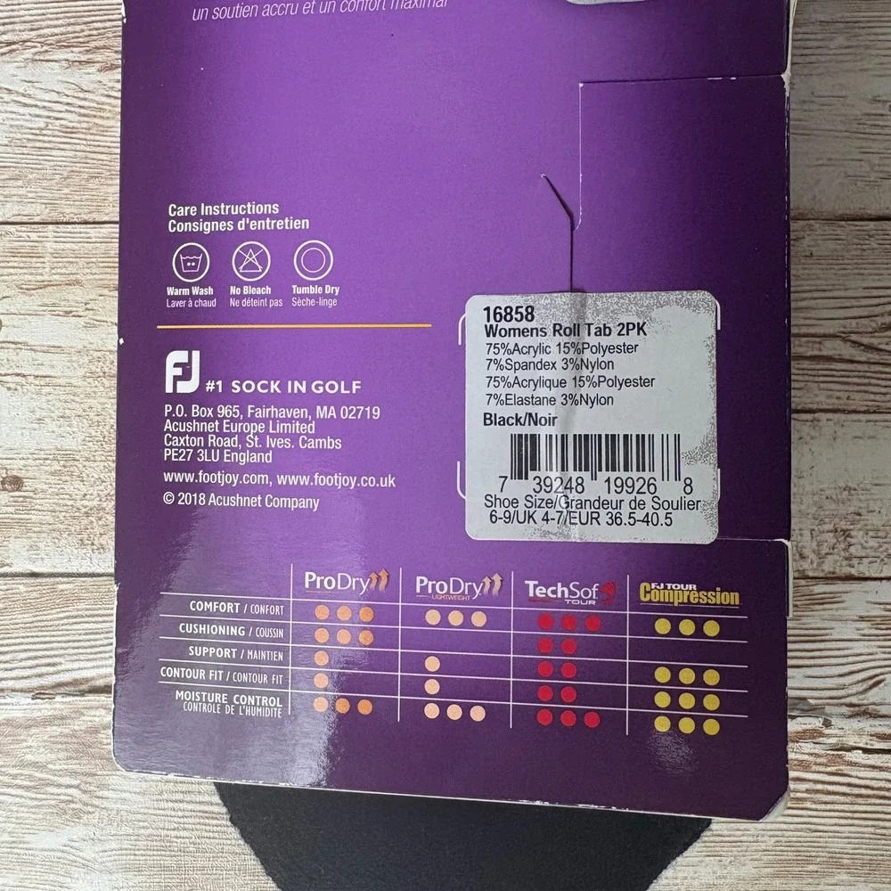 FootJoy ProDry Golf Socks Womens 6-9 Black 2 Pair Value Pack‎ Roll Tab 16858